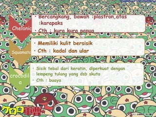 Osteichthyes Memiliki kerangka yang tyersusun dr tulang kerasMulut terdapt di depan bagian tubuhCelah insang satu di masing masing sisi kepalaSirip ekor memiliki panjang  yang sama pada bagian atas dan bawah Kulit licin Sistem gurat sisi terdapat pada sisi tubuhAdanya gelembung renangUsus panjang dan ramping menggulungFertilisasi terjadi di luar tubuhovipar