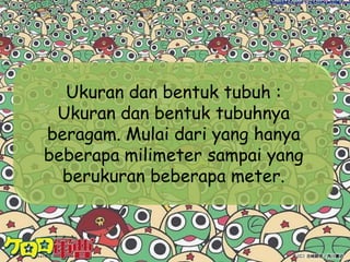 Ukuran dan bentuk tubuh :Ukuran dan bentuk tubuhnya beragam. Mulai dari yang hanya beberapa milimeter sampai yang berukuran beberapa meter.