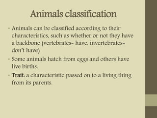 Animals classification
• Animals can be classified according to their
characteristics, such as whether or not they have
a backbone (vertebrates= have, invertebrates=
don’t have)
• Some animals hatch from eggs and others have
live births.
• Trait: a characteristic passed on to a living thing
from its parents.
 