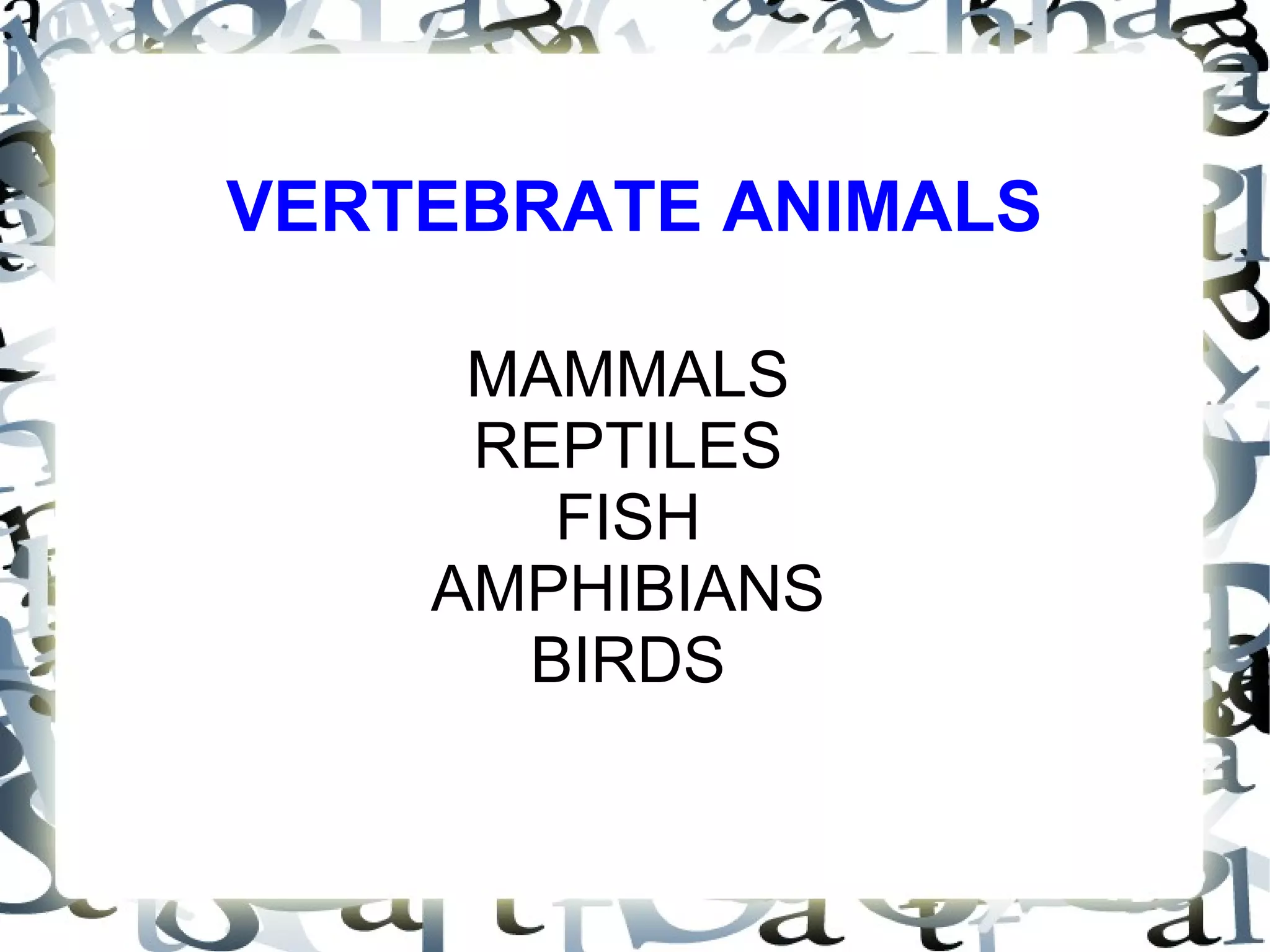 VERTEBRATE ANIMALS
MAMMALS
REPTILES
FISH
AMPHIBIANS
BIRDS