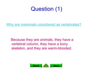 Question (1) Why are mammals considered as vertebrates? Next Back Because they are animals, they have a vertebral column, they have a bony skeleton, and they are warm-blooded. 