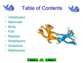 Table of Contents Vertebrates Mammals Birds Fish Reptiles Amphibians Questions References Next Back 