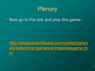 Plenary
Now go to this link and play this game-

http://sheppardsoftware.com/content/anim
als/kidscorner/games/animalclass...