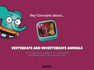 © Copyright 2016 - Elesapiens Learning & Fun, S.L.
BACK TO INDEX
Key Concepts about...
VERTEBRATE AND INVERTEBRATE ANIMALS
Your interactive notebook to understand
everything about this Learning Unit
 