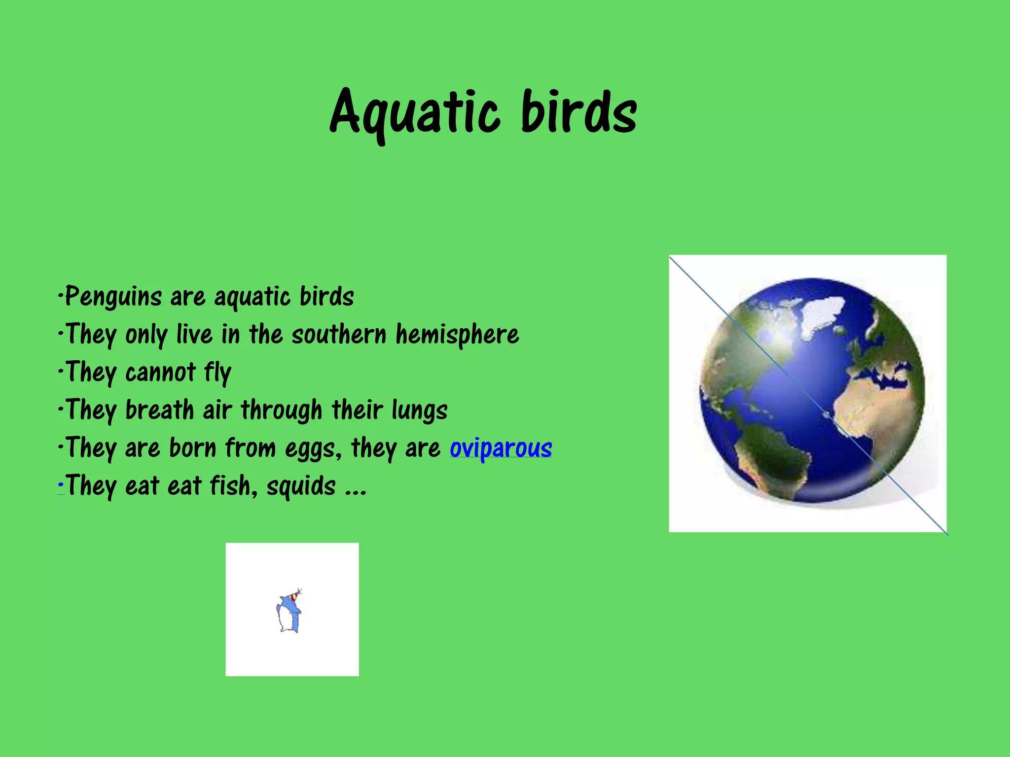 Aquatic birds

·Penguins are aquatic birds
·They only live in the southern hemisphere
·They cannot fly
·They breath air through their lungs
·They are born from eggs, they are oviparous
·They eat eat fish, squids ...
 