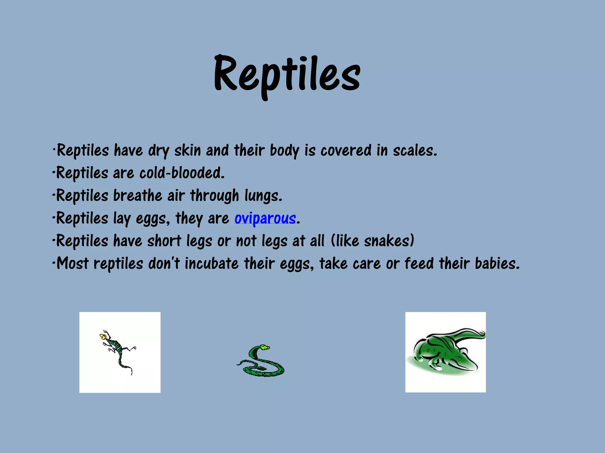 Reptiles
·Reptiles have dry skin and their body is covered in scales.
·Reptiles are cold-blooded.
·Reptiles breathe air through lungs.
·Reptiles lay eggs, they are oviparous.
·Reptiles have short legs or not legs at all (like snakes)
·Most reptiles don't incubate their eggs, take care or feed their babies.
 