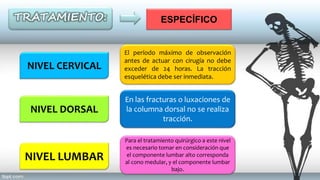 TRATAMIENTO: ESPECÍFICO
NIVEL CERVICAL
NIVEL LUMBAR
NIVEL DORSAL
El período máximo de observación
antes de actuar con cirugía no debe
exceder de 24 horas. La tracción
esquelética debe ser inmediata.
En las fracturas o luxaciones de
la columna dorsal no se realiza
tracción.
Para el tratamiento quirúrgico a este nivel
es necesario tomar en consideración que
el componente lumbar alto corresponda
al cono medular, y el componente lumbar
bajo.
 