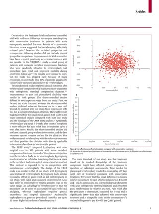 Articles




   Our study as the ﬁrst open-label randomised controlled
                                                                                                                                A
trial with mid-term follow-up to compare vertebroplasty
                                                                                                                          10 000
with conservative treatment in patients with acute
osteoporotic vertebral fracture. Results of a systematic                                                                   8000
literature review suggested that vertebroplasty eﬀectively
relieved pain;12 however, the included prospective and                                                                     6000
retrospective follow-up studies did not include control
groups for comparison. Improvements in VAS scores that




                                                                         Incremental cost
                                                                                                                           4000
have been reported previously were in concordance with
our results. In the VERTOS I study, a small group of                                                                       2000
patients with subacute vertebral compression fractures
who were randomly allocated to vertebroplasty had                                                                                   0
immediate pain relief and improved mobility during
short-term follow-up.26 The results were similar to ours,                                                                 −2000
but the study was stopped early because of many
crossovers. In our study, only 10% of patients assigned to                                                                −4000
conservative treatment crossed over to vertebroplasty.
   Two randomised studies reported clinical outcomes after                                                                −6000
                                                                                                                              −0·05       0       0·05              0·1            0·15         0·2       0·25
vertebroplasty compared with a sham procedure in patients
                                                                                                                                                         Incremental eﬀect
with osteoporotic vertebral compression fractures.13,14
Improvements in pain and pain-related disability were                                                                     B
similar in both groups. The sham-controlled studies                                                                      1·0
diﬀered in two important ways from our study. First, we
                                                                                                                         0·9
focused on acute fractures, whereas the sham-controlled
                                                                         Likelihood of being regarded as cost-eﬀective




studies included subacute fractures up to a year old.                                                                    0·8
Second, by contrast with our study, bone oedema on MRI                                                                   0·7
was not a consistent inclusion criterion. These diﬀerences
might account for the small mean gain in VAS score in the                                                                0·6

sham-controlled studies compared with both our study                                                                     0·5
and the ﬁndings of the 2008 meta-analysis.12 Apparently,
                                                                                                                         0·4
vertebroplasty at a mean 5·6 weeks after onset of symptoms
is more eﬀective for pain relief than is treatment up to a                                                               0·3
year after onset. Finally, the sham-controlled studies did
                                                                                                                         0·2
not have a control group without intervention, and the best
treatment option remains unclear for the clinician. Our                                                                  0·1
study compared vertebroplasty with the reference treatment                                                                0
and thus provides the clinician with directly applicable                                                                       €0       €15 000    €30 000               €45 000          €60 000     €75 000
information about how to best treat the patient.                                                                                                     Value of ceiling ratio

   The FREE study25 compared kyphoplasty with non-
                                                                      Figure 4: Cost-eﬀectiveness of vertebroplasty compared with conservative treatment
surgical care in 300 patients with acute vertebral                    (A) Scatterplot of adjusted point estimates of incremental cost-eﬀectiveness ratios. (B) Adjusted cost-eﬀectiveness
compression fractures. Instead of direct cement injection             acceptability curve.
into the vertebral body, as in vertebroplasty, kyphoplasty
involves use of an inﬂatable bone tamp that forms a space               The main drawback of our study was that treatment
in the vertebral body into which cement can be injected.              could not be masked. Knowledge of the treatment
This method is regarded to be in competition with                     assignment might have aﬀected patient responses to
percutaneous vertebroplasty. The design of the FREE                   questions or radiologist assessments. Time needed for
study was similar to that of our study, with kyphoplasty              planning of vertebroplasty resulted in mean delay of 9 days
used instead of vertebroplasty. Kyphoplasty had a similar             until start of treatment compared with conservative
favourable eﬀect on pain relief as did vertebroplasty in              treatment. We believe that this small diﬀerence in natural
our study, with rapid and sustained improvement. Also,                course was unlikely to have aﬀected outcomes at 1 month
pain relief in conservatively treated patients was in the             and 1 year. In conclusion, in a selected subgroup of patients
same range. An advantage of vertebroplasty is that the                with acute osteoporotic vertebral fractures and persistent
procedure can be done on an outpatient basis with local               pain, vertebroplasty is eﬀective and safe. Pain relief after
analgesia, whereas kyphoplasty requires general                       the procedure is immediate, sustained for 1 year, and is
anaesthesia and hospital admission.27 Additionally,                   signiﬁcantly better than that achieved with conservative
kyphoplasty can generate procedural costs that are up to              treatment and at acceptable costs, on the assumption of a
20 times higher than those of vertebroplasty.28                       societal willingness to pay €30 000 per QALY gained.


www.thelancet.com Published online August 10, 2010 DOI:10.1016/S0140-6736(10)60954-3                                                                                                                         7
 