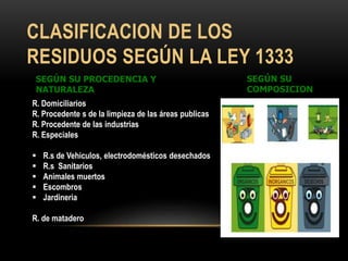 CLASIFICACION DE LOS
RESIDUOS SEGÚN LA LEY 1333
SEGÚN SU PROCEDENCIA Y
NATURALEZA
R. Domiciliarios
R. Procedente s de la limpieza de las áreas publicas
R. Procedente de las industrias
R. Especiales
 R.s de Vehiculos, electrodomésticos desechados
 R.s Sanitarios
 Animales muertos
 Escombros
 Jardineria
R. de matadero
SEGÚN SU
COMPOSICION
 