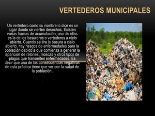 Un vertedero como su nombre lo dice es un
lugar donde se vierten desechos, Existen
varias formas de acumulación, una de ellas
es la de los basureros o vertederos a cielo
abierto. Cuando se tira la basura a cielo
abierto, hay riesgos de enfermedades para la
población debido a que comienza a generar la
aparicion de ratones, moscas y otros tipos de
plagas que transmiten enfermedades. Es
decir que una de las consecuencias negativas
de esta práctica tiene que ver con la salud de
la población.
º
VERTEDEROS MUNICIPALES
 