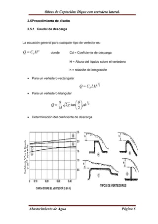 Obras de Captación: Dique con vertedero lateral.

   2.5 Procedimiento de diseño

   2.5.1 Caudal de descarga



La ecuación general para cualquier tipo de vertedor es:

Q  Cd H n         donde         Cd = Coeficiente de descarga

                                 H = Altura del líquido sobre el vertedero

                                 n = relación de integración

    Para un vertedero rectangular
                                                     3
                                        Q  C d LH       2


    Para un vertedero triangular

                          8          5
                    Q      2 g tan h 2
                         15        2

    Determinación del coeficiente de descarga




    Abastecimiento de Agua                                             Página 6
 