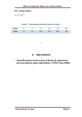 Obras de Captación: Dique con vertedero lateral.

 2.5.2 Caudal unitario
                3
     q  Cd H       2




            Cuadro 1.- Descarga aproximada q para una carga H.

H (cm)          1         3          5         10        15          20
q (l/s)         1.4      7.4       15.8       47.5      86.2         130




                                     




                          III.   BIBLIOGRAFÌA
                                     
     Especificaciones técnicas para el diseño de captaciones
      por gravedad de aguas superficiales. CEPIS Lima (2004)




     Abastecimiento de Agua                                        Página 7
 