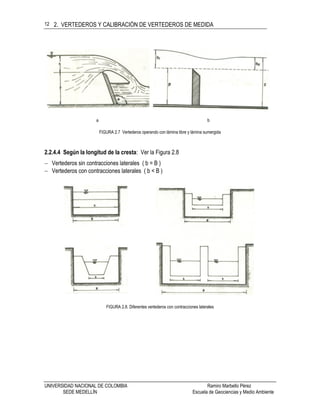 2. VERTEDEROS Y CALIBRACIÓN DE VERTEDEROS DE MEDIDA
UNIVERSIDAD NACIONAL DE COLOMBIA Ramiro Marbello Pérez
SEDE MEDELLÍN Escuela de Geociencias y Medio Ambiente
12
a b
FIGURA 2.7 Vertederos operando con lámina libre y lámina sumergida
2.2.4.4 Según la longitud de la cresta: Ver la Figura 2.8
 Vertederos sin contracciones laterales ( b = B )
 Vertederos con contracciones laterales ( b < B )
FIGURA 2.8. Diferentes vertederos con contracciones laterales
 