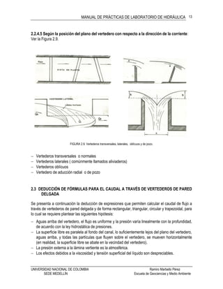 MANUAL DE PRÁCTICAS DE LABORATORIO DE HIDRÁULICA
UNIVERSIDAD NACIONAL DE COLOMBIA Ramiro Marbello Pérez
SEDE MEDELLÍN Escuela de Geociencias y Medio Ambiente
13
2.2.4.5 Según la posición del plano del vertedero con respecto a la dirección de la corriente:
Ver la Figura 2.9.
FIGURA 2.9. Vertederos transversales, laterales, oblícuos y de pozo.
 Vertederos transversales o normales
 Vertederos laterales ( comúnmente llamados aliviaderos)
 Vertederos oblícuos
 Vertedero de aducción radial o de pozo
2.3 DEDUCCIÓN DE FÓRMULAS PARA EL CAUDAL A TRAVÉS DE VERTEDEROS DE PARED
DELGADA
Se presenta a continuación la deducción de expresiones que permiten calcular el caudal de flujo a
través de vertederos de pared delgada y de forma rectangular, triangular, circular y trapezoidal, para
lo cual se requiere plantear las siguientes hipótesis:
 Aguas arriba del vertedero, el flujo es uniforme y la presión varía linealmente con la profundidad,
de acuerdo con la ley hidrostática de presiones.
 La superficie libre es paralela al fondo del canal, lo suficientemente lejos del plano del vertedero,
aguas arriba, y todas las partículas que fluyen sobre el vertedero, se mueven horizontalmente
(en realidad, la superficie libre se abate en la vecindad del vertedero).
 La presión externa a la lámina vertiente es la atmosférica.
 Los efectos debidos a la viscosidad y tensión superficial del líquido son despreciables.
 