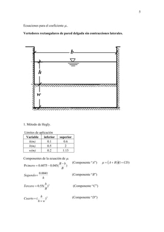 5
Ecuaciones para el coeficiente ..
Vertedores rectangulares de pared delgada sin contracciones laterales.
1. Método de Hegly.
Límites de aplicación
Variable inferior superior
h(m) 0.1 0.6
b(m) 0.5 2
w(m) 0.2 1.13
Componentes de la ecuación de.
(Componente “A”)   )1() CDBA 
(Componente “B”)
(Componente “C”)
(Componente “D”)
)(045.06075.0Pr
B
bB
imero


h
Segundo
0041.0

2
)(55.0
B
b
Tercero 
2
)(
wh
h
Cuarto


 