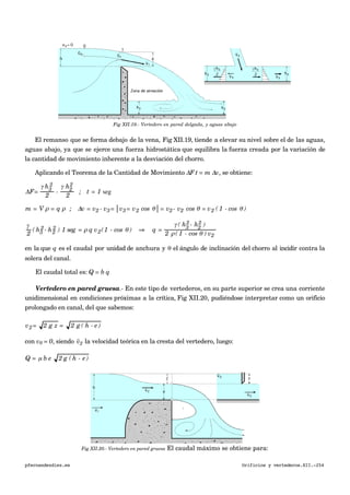 Fig XII.19.- Vertedero en pared delgada, y aguas abajo
El remanso que se forma debajo de la vena, Fig XII.19, tiende a elevar su nivel sobre el de las aguas,
aguas abajo, ya que se ejerce una fuerza hidrostática que equilibra la fuerza creada por la variación de
la cantidad de movimiento inherente a la desviación del chorro.
Aplicando el Teorema de la Cantidad de Movimiento ΔF t = m Δv, se obtiene:
ΔF=
γ h3
2
2
-
γ h2
2
2
; t = 1 seg
m = V ρ = q ρ ; Δv = v2 - v3= v3= v2 cos θ = v2- v2 cos θ = v2 ( 1 - cos θ )
γ
2
( h3
2- h2
2 ) 1 seg = ρ q v2(1 - cos θ ) ⇒ q =
γ ( h3
2- h2
2 )
2 ρ ( 1 - cos θ ) v2
en la que q es el caudal por unidad de anchura y θ el ángulo de inclinación del chorro al incidir contra la
solera del canal.
El caudal total es: Q = b q
Vertedero en pared gruesa.- En este tipo de vertederos, en su parte superior se crea una corriente
unidimensional en condiciones próximas a la crítica, Fig XII.20, pudiéndose interpretar como un orificio
prolongado en canal, del que sabemos:
v2= 2 g z = 2 g ( h - e )
con v0 = 0, siendo
€

v2 la velocidad teórica en la cresta del vertedero, luego:
Q = µ b e 2 g ( h - e)
Fig XII.20.- Vertedero en pared gruesa El caudal máximo se obtiene para:
pfernandezdiez.es Orificios y vertederos.XII.-254
 