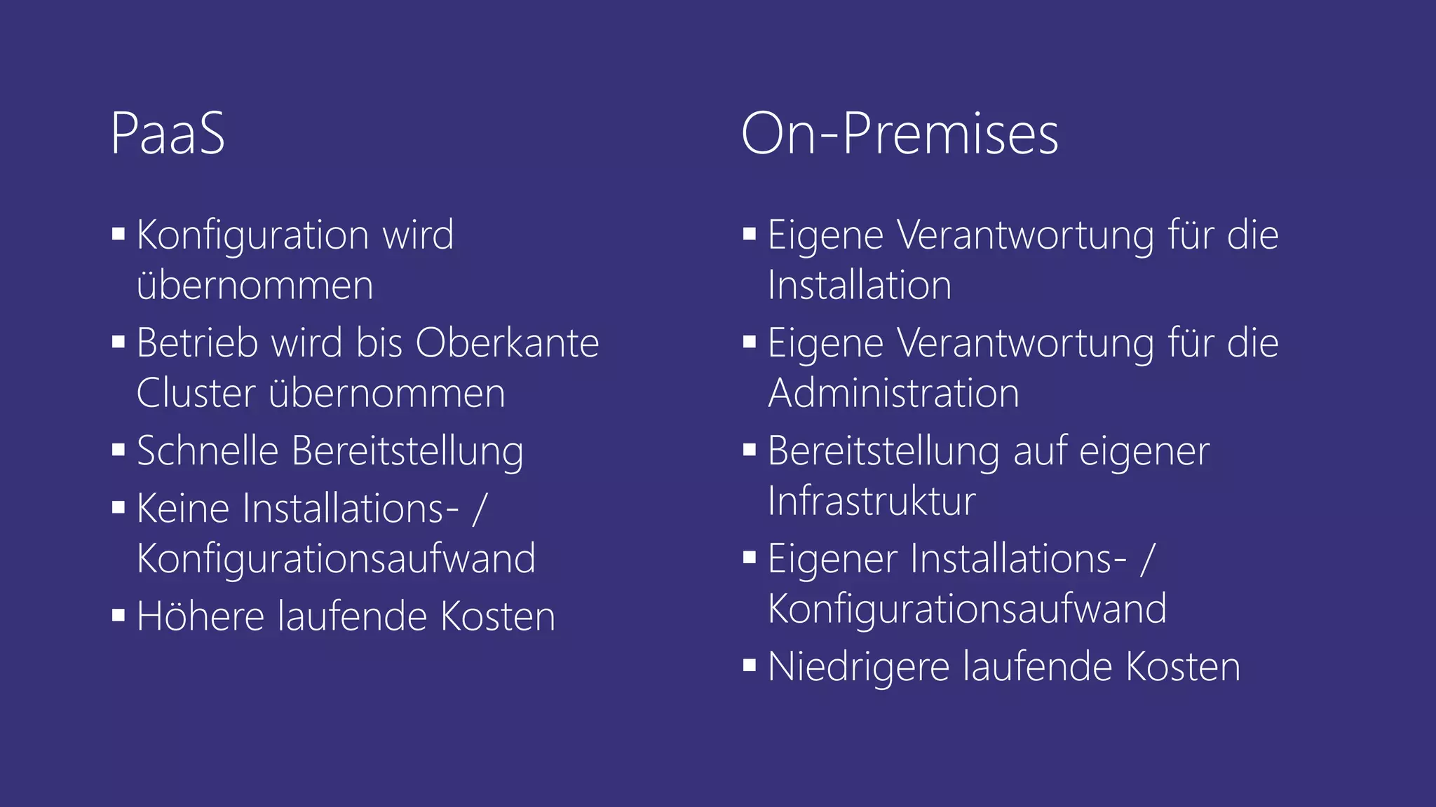 PaaS
▪ Konfiguration wird
übernommen
▪ Betrieb wird bis Oberkante
Cluster übernommen
▪ Schnelle Bereitstellung
▪ Keine Installations- /
Konfigurationsaufwand
▪ Höhere laufende Kosten
On-Premises
▪ Eigene Verantwortung für die
Installation
▪ Eigene Verantwortung für die
Administration
▪ Bereitstellung auf eigener
Infrastruktur
▪ Eigener Installations- /
Konfigurationsaufwand
▪ Niedrigere laufende Kosten
 