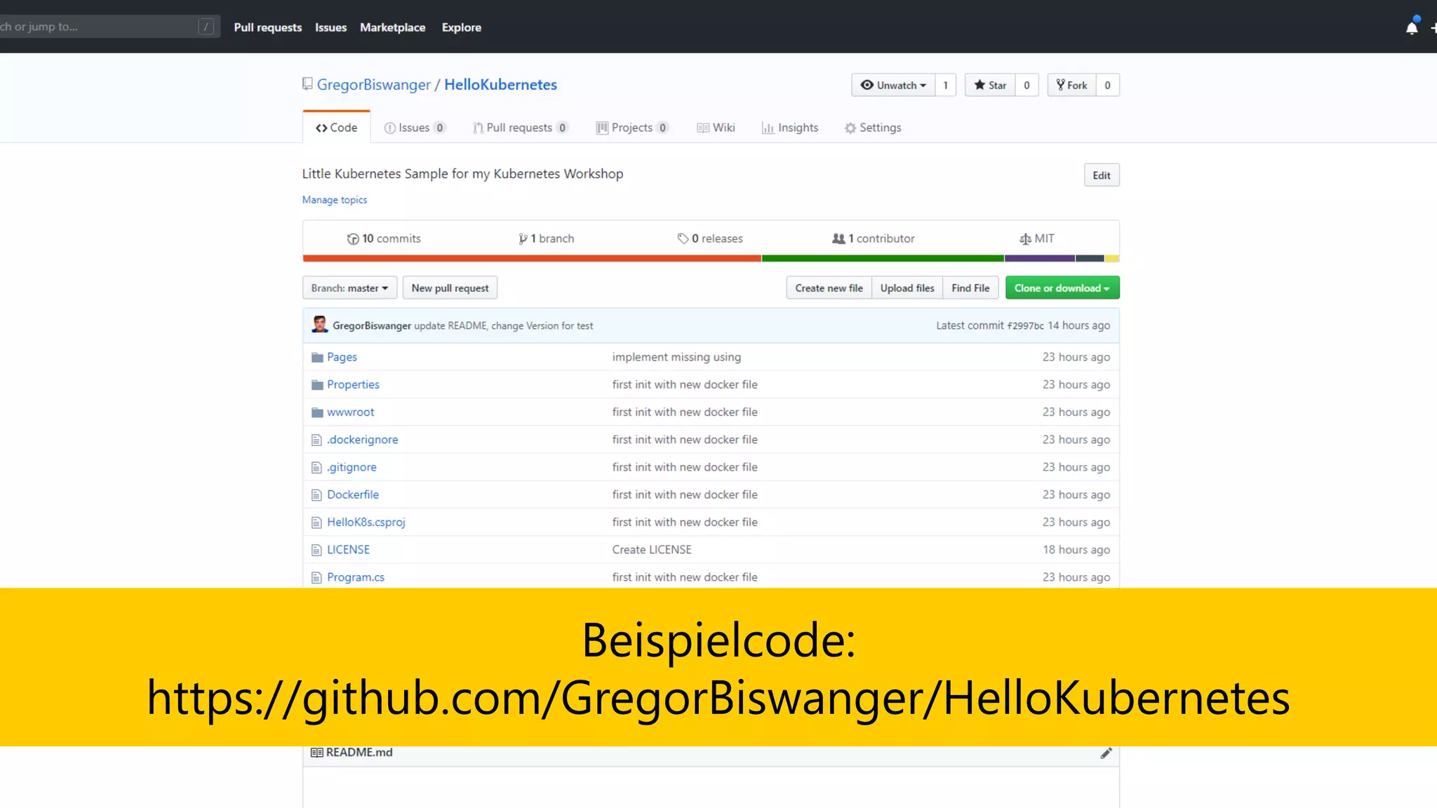 Beispielcode:
https://github.com/GregorBiswanger/HelloKubernetes
 