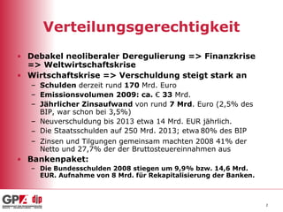 Verteilungsgerechtigkeit Debakel neoliberaler Deregulierung => Finanzkrise => Weltwirtschaftskrise Wirtschaftskrise => Verschuldung steigt stark an  Schulden  derzeit rund  170  Mrd. Euro Emissionsvolumen 2009: ca.  €  33  Mrd. Jährlicher Zinsaufwand  von rund  7 Mrd . Euro (2,5% des BIP, war schon bei 3,5%) Neuverschuldung bis 2013 etwa 14 Mrd. EUR jährlich.  Die Staatsschulden auf 250 Mrd. 2013; etwa   80% des BIP Zinsen und Tilgungen gemeinsam machten 2008 41% der Netto und 27,7% der der Bruttosteuereinnahmen aus  Bankenpaket:  Die Bundesschulden 2008 stiegen um 9,9% bzw. 14,6 Mrd. EUR. Aufnahme von 8 Mrd. für Rekapitalisierung der Banken.  