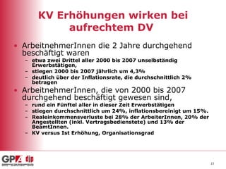 KV Erhöhungen wirken bei aufrechtem DV  ArbeitnehmerInnen die 2 Jahre durchgehend beschäftigt waren   etwa zwei Drittel aller 2000 bis 2007 unselbständig Erwerbstätigen,  stiegen 2000 bis 2007 jährlich um 4,3%  deutlich über der Inflationsrate, die durchschnittlich 2% betragen ArbeitnehmerInnen, die von 2000 bis 2007 durchgehend beschäftigt gewesen sind, rund ein Fünftel aller in dieser Zeit Erwerbstätigen  stiegen durchschnittlich um 24%, inflationsbereinigt um 15%.  Realeinkommensverluste bei 28% der ArbeiterInnen, 20% der Angestellten (inkl. Vertragsbedienstete) und 13% der BeamtInnen. KV versus Ist Erhöhung, Organisationsgrad  
