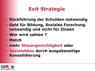 Exit Strategie  Rückführung der Schulden notwendig Geld für Bildung, Soziales Forschung notwendig und nicht für Zinsen  Wer wird zahlen ?  Match  mehr  Steuergerechtigkeit  oder Sozialabbau  durch ausgabeseitige Konsolidierung  