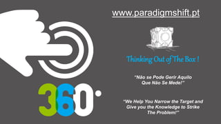 www.paradigmshift.pt
Thinking Out of The Box !
“Não se Pode Gerir Aquilo
Que Não Se Mede!”
“We Help You Narrow the Target and
Give you the Knowledge to Strike
The Problem!”
 