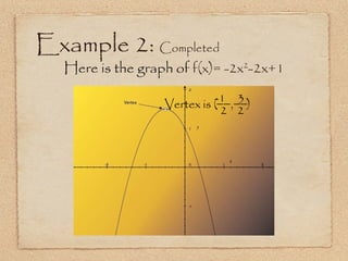 Example 2:  Completed Here is the graph of  f(x)= -2x 2 -2x+1 Vertex is (   ,  ) __ 2 -1  __ 2 3 