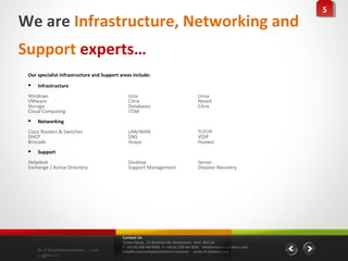 55
We are Infrastructure, Networking and
Support experts…
 Our specialist Infrastructure and Support areas include:
    Infrastructure
 Windows                                       Unix                                      Linux
 VMware                                        Citrix                                    Novell
 Storage                                       Databases                                 Citrix
 Cloud Computing                               ITSM
    Networking
 Cisco Routers & Switches                      LAN/WAN                                   TCP/IP
 DHCP                                          DNS                                       VOIP
 Brocade                                       Avaya                                     Huawei
    Support
 Helpdesk                                      Desktop                                   Server
 Exchange / Active Directory                   Support Management                        Disaster Recovery




                                            Contact Us
                                            Vertex House, 15 Wickham Rd, Beckenham, Kent BR3 5JS
                                            T: +44 (0) 208 464 8000 F: +44 (0) 208 464 8001 info@vertex-it-solutions.com
     An IT Recruitment partner …with        linkedin.com/company/vertex-it-solutions vertex-it-solutions.com
     a difference
 