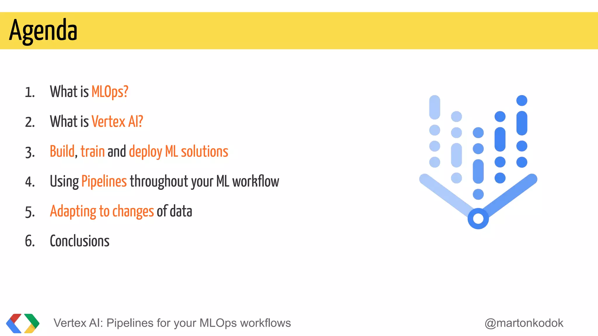 1. What is MLOps?
2. What is Vertex AI?
3. Build, train and deploy ML solutions
4. Using Pipelines throughout your ML workﬂow
5. Adapting to changes of data
6. Conclusions
Agenda
Vertex AI: Pipelines for your MLOps workflows @martonkodok
 