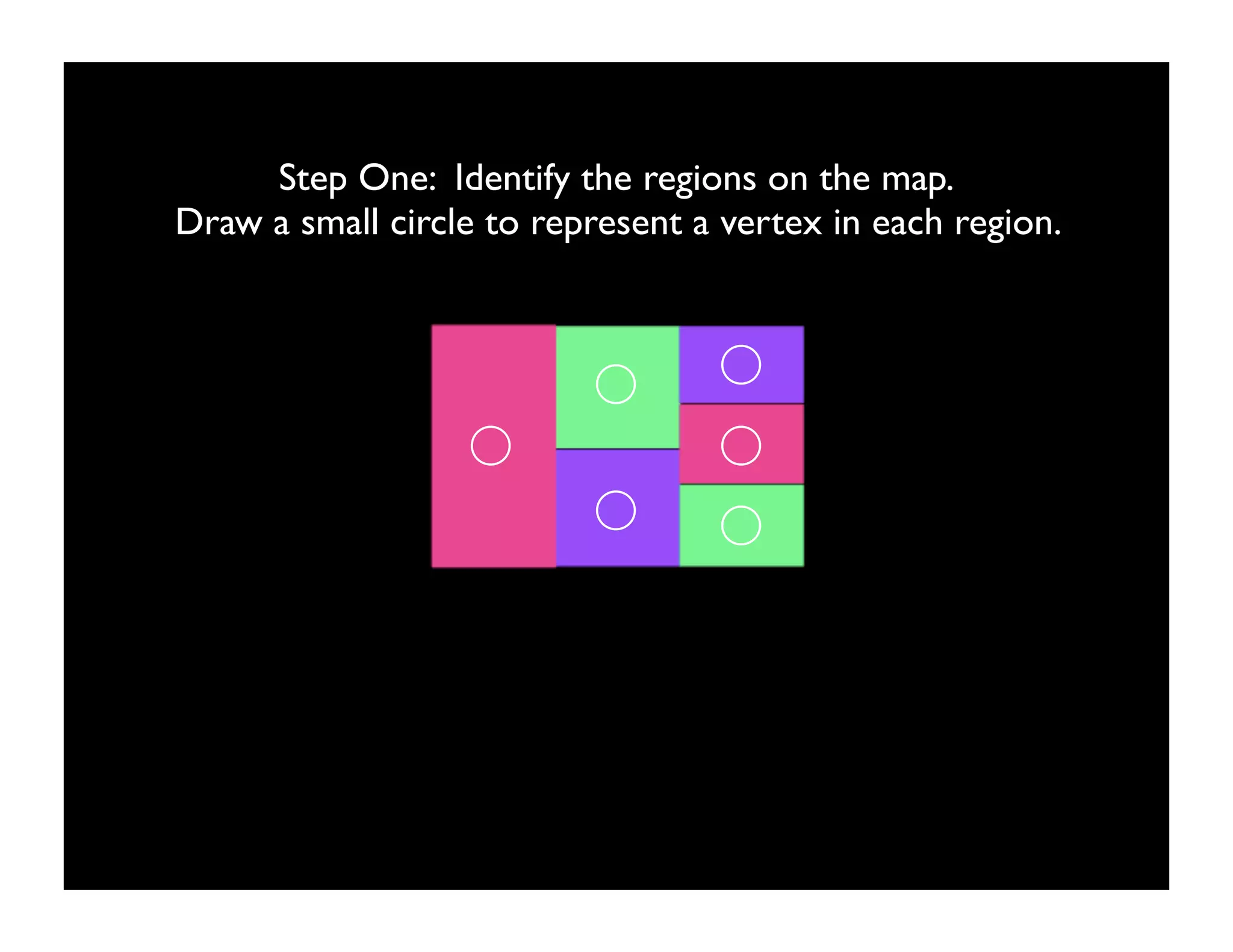 Step One: Identify the regions on the map.
Draw a small circle to represent a vertex in each region.
 