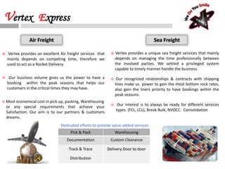 Air Freight
 Vertex provides an excellent Air freight services that
mainly depends on competing time, therefore we
used to act as a Rocket Delivery.
 Our business volume gives us the power to have a
booking within the peak seasons that helps our
customers in the critical times they may have.
 Most economical cost in pick up, packing, Warehousing
or any special requirements that achieve your
Satisfaction. Our aim is to our partners & customers
dreams.
Sea Freight
 Vertex provides a unique sea freight services that mainly
depends on managing the time professionally between
the involved parties. We settled a privileged system
capable to timely manner handle the business.
 Our recognized relationships & contracts with shipping
lines make us power to gain the most bottom rock rates,
also gain the liners priority to have bookings within the
peak seasons.
 Our interest is to always be ready for different services
types. (FCL, LCL), Break Bulk, NVOCC. Consolidation
Pick & Pack Warehousing
Documentation Custom Clearance
Track & Trace Delivery Door to door
Distribution
Dedicated efforts to provide value added services
Vertex Express
 
