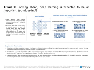 • Deep learning uses neural
networks loosely analogous to the
observed behaviour of a biological
brain's axons
• It consists of multiple hidden layers
of networks between the input and
output layers and are trained
separately, breaking down the
characteristics of the data into
multiple parts and combining all
the layers in the end to provide the
output
Trend 1: Looking ahead, deep learning is expected to be an
important technique in AI
Input layer: data
can be fed into
the network
Hidden Layer:
information is
processed
Output Layer:
results come out
Source: Computer Science: The Learning Machines by Nature | The Fourth Industrial Revolution: a Primer on Artificial Intelligence by David Kelnar | From not Working to Neural Networking
by The Economist | Analytics Vidhya | Artificial Intelligence: 10 Trends to Watch in 2017 and Beyond by Tractica | Learning Deep Architectures for AI By Yoshua Bengio
Neural networks
Illustration of using deep learning neutral networks for facial
recognition
1. Identify pixels of light and dark 2. Learn to identify edges and
shapes
3. Learn to identify more complex
shapes and objects
4. Learn which shapes and objects
define a human face
Deep Learning Characteristics
• Deep learning helps reduce the time and effort spent on feature engineering. Deep learning is increasingly used in conjunction with machine learning,
natural language processing (NLP), computer vision or machine reasoning
• Deep learning is typically employed for feature extraction on a larger or more complex set of data while employing machine learning algorithms to perform
basic clustering or regression learning tasks when features of the data have been determined
• The performance of deep learning neural networks (DNN) has been demonstrated to increase on a linear scale with the increase in number of DNN layers,
necessitating hardware to process and train these algorithms to also grow in scale
Image source: Andrew Ng
 