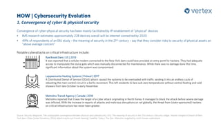 HOW | Cybersecurity Evolution
1. Convergence of cyber & physical security
Convergence of cyber-physical security has been mainly facilitated by IP-enablement of “physical” devices
• IMS research estimates approximately 22B devices overall will be internet connected by 2020
• 49% of respondents of an EIU study – the meaning of security in the 21st century – say that they consider risks to security of physical assets an
“above average concern”
Notable cyberattacks on critical infrastructure include:
Source: Security Magazine, The unstoppable convergence between physical and cybersecurity | EIU, The meaning of security in the 21st century | Security Ledger, Hacker charged in breach of New
York dam | Data Center Dynamics, DDoS attack knocks out Finnish heating | Satellite Today | The Star, Metrolinx targeted by north Korean cyberattack
Rye Brook Dam | US | 2013
It was reported that a cellular modem connected to the New York dam could have provided an entry point for hackers. They had adequate
access to manipulate the sluice gate which was manually disconnected for maintenance. While there was no damage done this time,
significant information about the system was compromised.
Lappeenranta Heating Systems | Finland | 2017
A Distributed Denial of Service (DDoS) attack caused the systems to be overloaded with traffic sending it into an endless cycle of
rebooting the main control circuit in a bid to reconnect. This left residents to face sub-zero temperatures without central heating and cold
showers from late October to early November.
Metrolinx Transit Agency | Canada | 2018
Metrolinx reported that it was the target of a cyber attack originating in North Korea. It managed to block the attack before severe damage
was inflicted. With the increase in reports of attacks and malicious disruptions on rail globally, the threat from (state-sponsored) hackers
on critical infrastructure has never been greater.
 