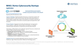 WHO | Vertex Cybersecurity Startups
LightCyber
Source: Palo Alto Networks, Bringing award winning automated behavioural analytics to the palo alto networks next-generation security platform | HelpNet Security, Cyber attack lifecycle steps
1First stage in cyber attack where potential target that satisfy the mission of the attackers is identified
2After connection is established to the internal network, they seek to compromise additional systems and user accounts
Industry Challenges: Targeted attackers find ways to compromise systems and
infiltrate networks. To stay under the radar, they often avoid using malware or
known exploits. Instead, they conduct reconnaissance1 and lateral movement2 to
understand the network, find location of sensitive assets and expand their realm
of control
Product/Solution: Integrated into the Palo Alto Networks® next generation
security platform, LightCyber extends ability of the platform to mitigate
unknown threats and prevent a compromise across the attack lifecycle
Technology is differentiated as the LightCyber approach focuses on network and
endpoint traffic to drive its primary analysis
• Unsupervised machine learning to prevent unknown threats
• Broad inputs (network, user, endpoint) to maximise detection accuracy
• Mitigation across entire lifecycle of attack
• Integrated remediation capabilities by blocking users, compromised devices
or disabling accounts through the click of a button
Industries Served: Successfully deployed by top-tier companies in Finance,
Healthcare, Legal, Telecommunication, Media and Technology sectors
Acquired by Palo Alto Networks in 2017
https://www.paloaltonetworks.com/
Automated behavioural analytics
to detect and prevent attacks in the network
 