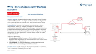 WHO | Vertex Cybersecurity Startups
PerimeterX
Source: PerimeterX
Industry Challenges: Rising volume of bot traffic on the web, coming from web,
mobile and API endpoints is resulting in a number of threats including account
abuse, marketing fraud, web scraping, credit card fraud and checkout abuse
Product/Solution: PerimeterX Bot Defender, bot protection-as-a-service,
safeguards web, mobile and APIs from automated bot attacks through a
scalable, out-of-band solution easily integrated into your existing infrastructure.
It expands behaviour based detection by learning in real-time what behaviour
looks like and incorporates this into predictive security intelligence, protecting
websites from the latest generation of automatic attacks that do not trigger
security mechanisms
Technology differentiated
• Behaviour-based analytics: Leverages artificial intelligence and machine
learning to detect anomalies in user behaviour including login dialogs, typing
cadence and web surfing patterns
• Fully compatible: API integrates seamlessly with existing infrastructure
including cloud services and any content delivery network
Industries Served: Rapidly growing list of customers especially in E-commerce,
Travel & hospitality, Media and Enterprise SaaS
Next-generation bot defense
https://www.perimeterx.com/
 