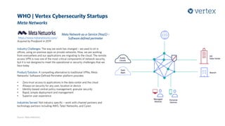 WHO | Vertex Cybersecurity Startups
Meta Networks
Source: Meta Networks
Industry Challenges: The way we work has changed – we used to sit in
offices, using on-premise apps on private networks. Now, we are working
from everywhere and our applications are migrating to the cloud. The remote
access VPN is now one of the most critical components of network security,
but it is not designed to meet the operational or security challenges that we
face today
Product/Solution: A compelling alternative to traditional VPNs, Meta
Networks’ Software-Defined Perimeter platform provides
• Zero-trust access to applications in the data center and the cloud
• Always-on security for any user, location or device
• Identity-based central policy management, granular security
• Rapid, simple deployment and management
• Superior user experience
Industries Served: Not industry specific – work with channel partners and
technology partners including AWS, Talari Networks, and Cyren
Meta Network-as-a-Service (NaaS) –
Software defined perimeterhttps://www.metanetworks.com/
Acquired by Proofpoint in 2019
 