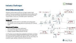 Industry Challenges
ICS lack visibility and security controls
Industrial Control Systems (ICS) are no longer isolated, static
systems. They are connected to the enterprise and are subject to the
same security risks that threaten downtime from malware, attacks,
insider threats, human error, and failed system maintenance.
Existing solutions fall short –
Traditional IT
• No coverage of OT assets for vulnerability and configuration
• No visibility into the unique patterns and protocols of ICS attack
traffic
Network only OT solutions
• Blind to changes from local maintenance
• Lack context of endpoint state during attack
• Inability to gather reliable patch & risk data
As OT systems were traditionally segregated and isolated, controllers
were not architected to address the security threats or human errors
now experienced. In addressing this relatively new security threat, it is
essential to gain visibility to the entire ICS environment.
 
