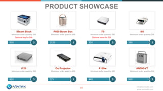 info@vertexbh.com
www.vertexbh.com
PRODUCT SHOWCASE
13
i Beam Block
Minimum order quantity 100
Optional bag for $48
930
P800 Boom Box
Minimum order quantity 100
i70
Minimum order quantity 200
Optional stand for $26
i60
Minimum order quantity 200
1320 350 390
i120
Minimum order quantity 200
430
Go Projector
Minimum order quantity 200
A100w
Minimum order quantity 200
AN500-VT
Minimum order quantity 100
225 440 960
$$ $ $
$$ $ $
 