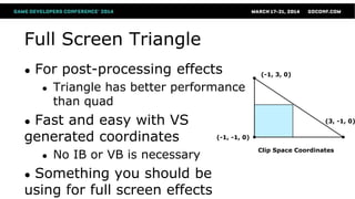 Full Screen Triangle
● For post-processing effects
● Triangle has better performance
than quad
● Fast and easy with VS
generated coordinates
● No IB or VB is necessary
● Something you should be
using for full screen effects
Clip Space Coordinates
(-1, -1, 0)
(-1, 3, 0)
(3, -1, 0)
 
