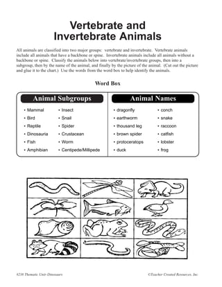 Vertebrate and
                      Invertebrate Animals
All animals are classified into two major groups: vertebrate and invertebrate. Vertebrate animals
include all animals that have a backbone or spine. Invertebrate animals include all animals without a
backbone or spine. Classify the animals below into vertebrate/invertebrate groups, then into a
subgroup, then by the name of the animal, and finally by the picture of the animal. (Cut out the picture
and glue it to the chart.) Use the words from the word box to help identify the animals.


                                             Word Box

          Animal Subgroups                                       Animal Names
    • Mammal             • Insect                      • dragonfly               • conch
    • Bird               • Snail                       • earthworm               • snake
    • Reptile            • Spider                      • thousand leg            • raccoon
    • Dinosauria         • Crustacean                  • brown spider            • catfish
    • Fish               • Worm                        • protoceratops           • lobster
    • Amphibian          • Centipede/Millipede         • duck                    • frog




#238 Thematic Unit–Dinosaurs                                               ©Teacher Created Resources, Inc.
 