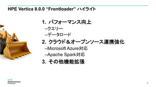 HPE Vertica 8.0.0 “Frontloader” ハイライト
1. パフォーマンス向上
–クエリー
–データロード
2. クラウド＆オープンソース連携強化
–Microsoft Azure対応
–Apache Spark対応
3. その他機能拡張
3
 