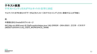 テキスト検索
テキストインデックスがマルチバイト文字に対応
マルチバイト文字を含むログデータなどのメッセージをテキストインデックスに登録することが可能に
例：
中国語を含むOracleのログメッセージ
842 [http-nio-8080-exec-8] (SqlExceptionHelper.java:146) ERROR - ORA-00001: 违反唯一约束条件
(WEBSTUDIO0413.UQ_USER_WORKSPACE_NAME
63
 
