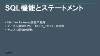 SQL機能とステートメント
73
• Machine Learning機能の変更
• テーブル複製コマンド「COPY_TABLE」の提供
• サンプル関数の提供
 