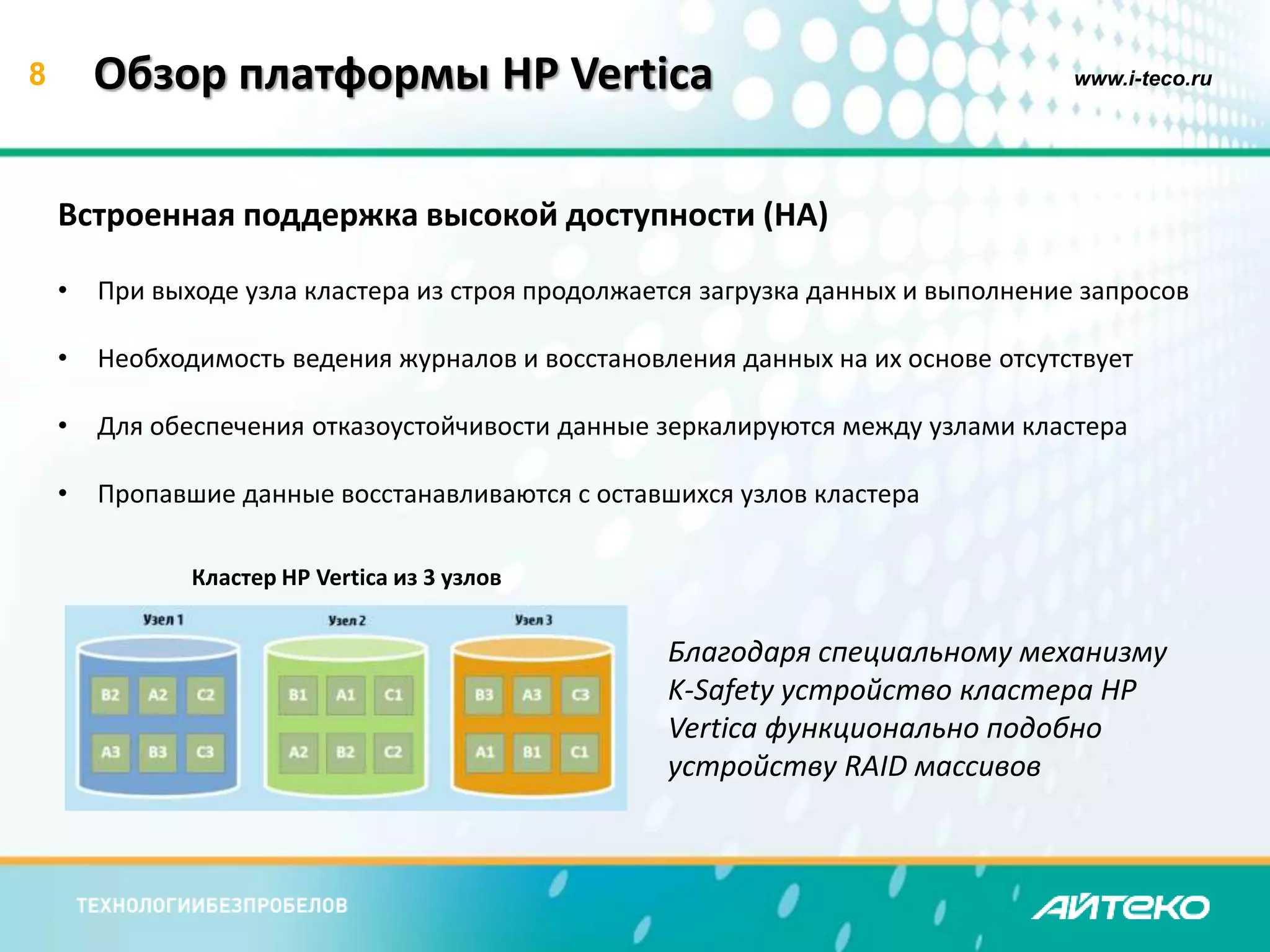 8 Обзор платформы HP Vertica www.i-teco.ru 
Встроенная поддержка высокой доступности (HA) 
• При выходе узла кластера из строя продолжается загрузка данных и выполнение запросов 
• Необходимость ведения журналов и восстановления данных на их основе отсутствует 
• Для обеспечения отказоустойчивости данные зеркалируются между узлами кластера 
• Пропавшие данные восстанавливаются с оставшихся узлов кластера 
Кластер HP Vertica из 3 узлов 
Благодаря специальному механизму 
K-Safety устройство кластера HP 
Vertica функционально подобно 
устройству RAID массивов 
 