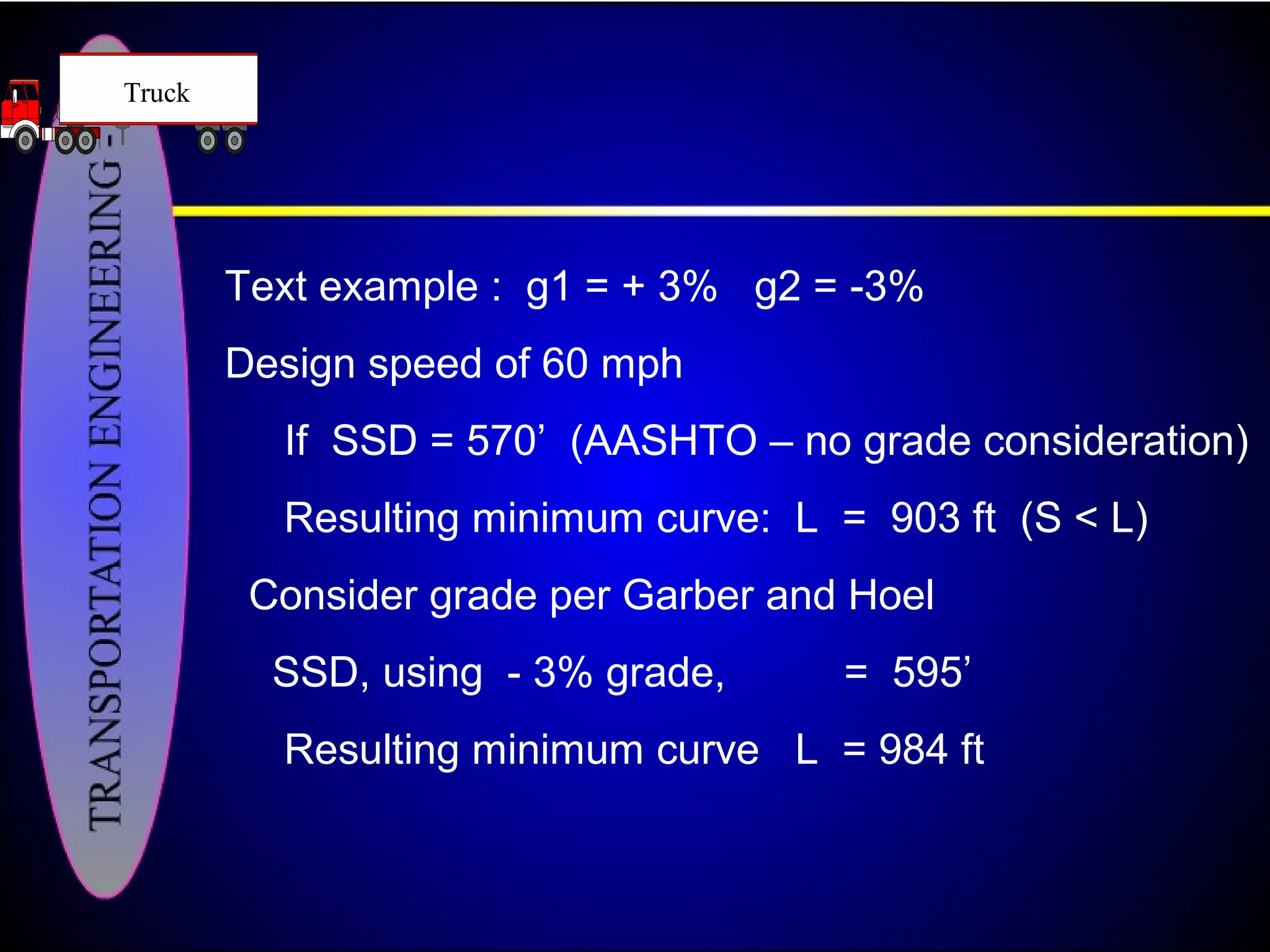 Text example : g1 = + 3% g2 = -3%
Design speed of 60 mph
If SSD = 570’ (AASHTO – no grade consideration)
Resulting minimum curve: L = 903 ft (S < L)
Consider grade per Garber and Hoel
SSD, using - 3% grade, = 595’
Resulting minimum curve L = 984 ft
Truck
 