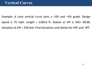 21
Vertical Curves
Example: A crest vertical curve joins a +3% and –4% grade. Design
speed is 75 mph. Length = 2184.0 ft. Station at VPI is 345+ 60.00,
elevation at VPI = 250 feet. Find elevations and station for VPC and VPT.
 