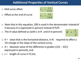 Additional Properties of Vertical Curves
o Mid-curve offset
o Offset at the end of curve
o Note that in this equation, 200 is used in the denominator insteadof
2 because A is expressed in percent instead of ft/ft
o The K-value defined as (with L in ft and A in percent)
o K = value that is the horizontal distance, in ft. required to affect a
1% change in the slope of the vertical curve,
o A = absolute value of the difference in grades (|G1  G2|)
expressed in percent), and
o L = length of curve in ft (m).
A L
8 0 0
mY 
A L
2 0 0fY 
K 
L
A
36
 