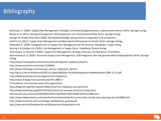 Bibliography

     Beckmann, H. (2004). Supply Chain Management: Strategien und Entwicklungstendenzen in Spitzenunternehmen. Berlin: Springer Verlag.
     Becker et al. (2011). Netzwerkmanagement: Mit Kooperation zum Unternehmenserfolg. Berlin: Springer Verlag.
     George Von Krogh,Johan Roos (2000). Managing knowledge: perspectives on cooperation and competition
     Hertel et al. (2011). Supply-Chain-Management und Warenwirtschaftssysteme im Handel. Berlin: Springer Verlag.
     Röderstein R. (2009). Erfolgsfaktoren im Supply Chain Management der DIY-Branche. Wiesbaden: Gabler Verlag
     Seuring S. & Goldbach M. (2002). Cost Management in Supply Chains. Heidelberg: Physica-Verlag
     Sunil Chopra, S./ Meindl, P (2007): Supply Chain Management. Strategy, Planning, and Operation, Third Edition.
     Wannenwetsch, H. (2005). Vernetztes Supply Chain Management: SCM-Integration über die gesamte Wertschöpfungskette. Berlin: Springer
     Verlag.
     http://www.investopedia.com/terms/v/verticalintegration.asp#axzz1cHvyisYa
     http://www.economist.com/node/13396061
     http://www.12manage.com/methods_vertical_integration_de.html
     http://ig.cs.tu-berlin.de/lehre/w2005/ir1/uebref/NaQuRo-VertikaleIntegrationUndWettbewerb-2005-12-15.pdf
     http://www.quickmba.com/strategy/vertical-integration/
     http://www.strategy-train.eu/index.php?id=138&L=1
     EU Guidelines on horizontal cooperation agreements
     http://blogs.hbr.org/hbr/mcgrath/2009/12/vertical-integration-can-work.html
     http://www.techiteasy.org/2007/07/28/starbucks-an-example-of-vertical-integration/
     http://online.wsj.com/article/SB10001424052748704462704575609733431622088.html
     http://www.independent.co.uk/news/business/news/starbucks-to-more-than-double-store-opening-rate-2132888.html
     http://www.economics.phil.uni-erlangen.de/bwl/exist_gr/koop.pdf
     http://www.wirtschaftslexikon24.net/d/kooperation/kooperation.htm




22
 