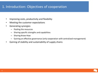 1. Introduction: Objectives of cooperation


    •   Improving costs, productivity and flexibility
    •   Meeting the customer expectations
    •   Generating synergies
         –   Pooling the resources
         –   Sharing specific strengths and capabilities
         –   Sharing Know-How
         –   Gaining an effective governance (only cooperation with centralized management)
    •   Gaining of stability and sustainability of supply chains




5
 