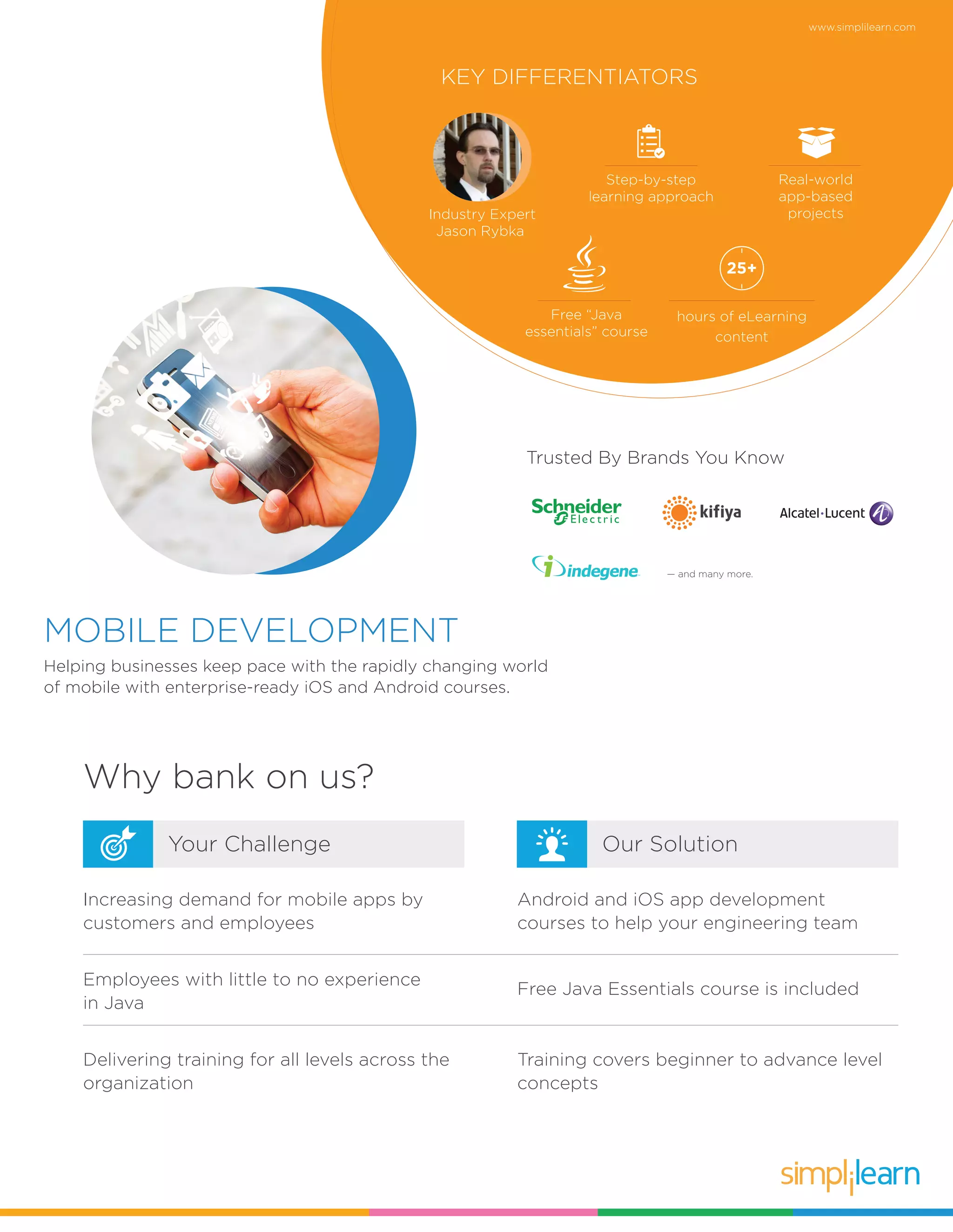 www.simplilearn.com
MOBILE DEVELOPMENT
Helping businesses keep pace with the rapidly changing world
of mobile with enterprise-ready iOS and Android courses.
Why bank on us?
Our SolutionYour Challenge
KEY DIFFERENTIATORS
Industry Expert
Jason Rybka
hours of eLearning
content
25+
Free “Java
essentials” course
Step-by-step
learning approach
Increasing demand for mobile apps by
customers and employees
Android and iOS app development
courses to help your engineering team
Free Java Essentials course is included
Employees with little to no experience
in Java
Training covers beginner to advance level
concepts
Delivering training for all levels across the
organization
Real-world
app-based
projects
Trusted By Brands You Know
— and many more.
 